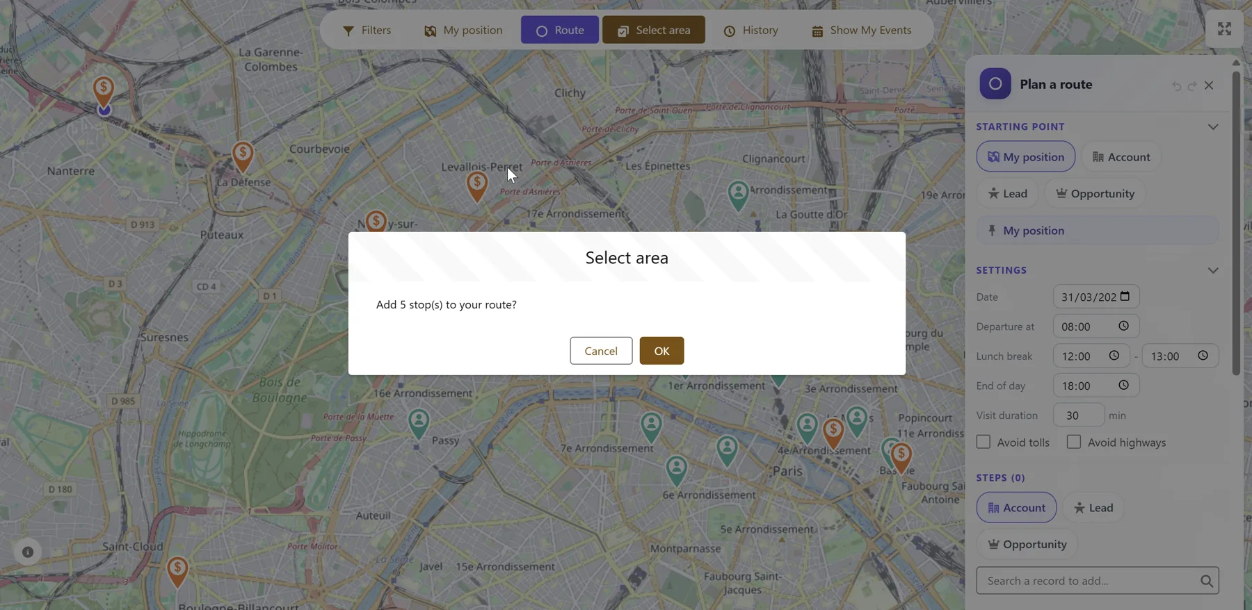 Bulk select: drag-select area to add stops to route