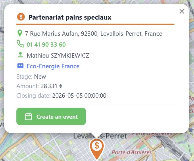 Tourvia marker popup: account details, phone, owner, last visit, create event