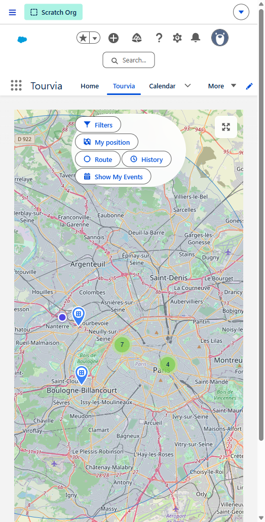 Tourvia map in the Salesforce Mobile App with Filters, My position, Route, History and Show My Events buttons and clustered markers around Paris