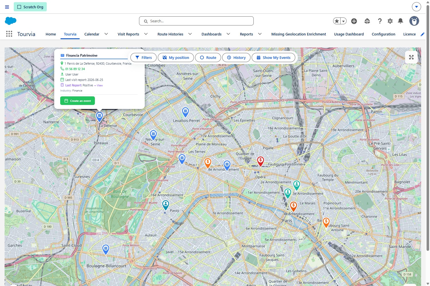 Tourvia Account popup on the Paris map showing address, phone, owner, last visit report date, last report result and a Create an event button