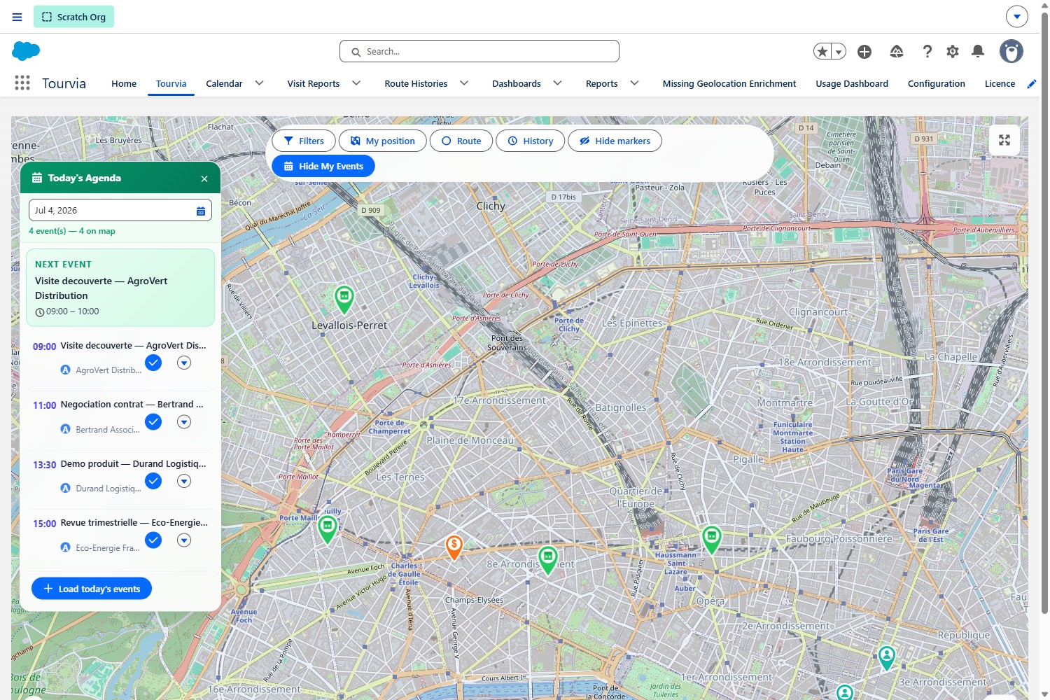 Today’s Agenda panel in Tourvia listing four timed visits on 4 July 2026 beside the Paris map, with a Load today’s events button