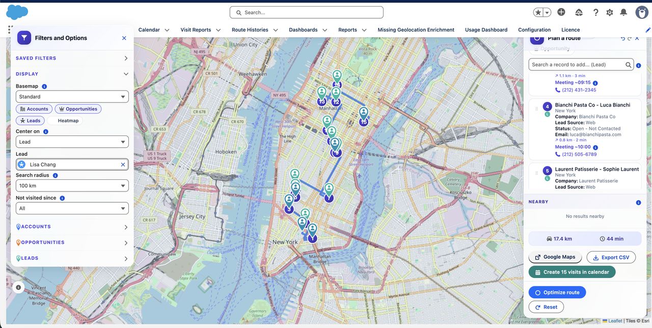 Tourvia route planning workspace inside Salesforce Lightning